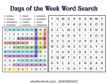 Days of the week word search puzzle, educational activity for kids, vocabulary building, and fun learning.