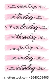 Days of the week written in lettering on watercolor background Calligraphy Inscriptions for diary design and scrapbooking Vector illustration