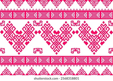 Valentine’s Day-themed geometric heart pattern in vibrant pink hues, inspired by traditional cross-stitch embroidery. This intricate design features decorative borders and symmetrical motifs, ideal fo