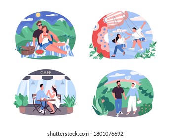 Daytime activity for couples 2D vector web banner, poster set. Romantic partners flat characters on cartoon background. Fun pastime printable patch, colorful web element collection