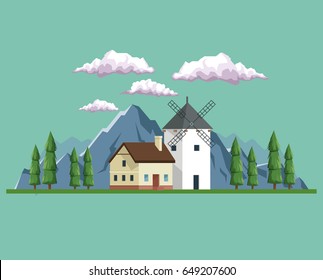 daytime background landscape of field and mountains and house with windmill