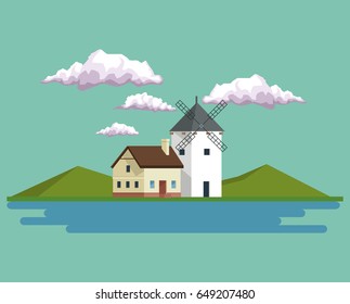 daytime background landscape of mountains and house with windmill and lake