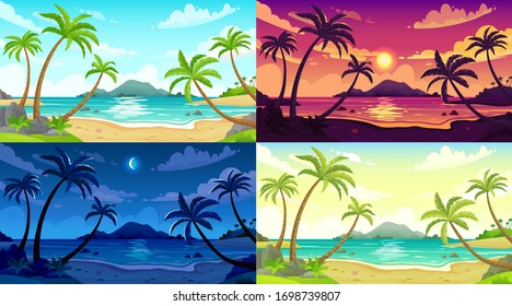 Daytime beach landscape. Sunny day seascape, night ocean and sunset beach cartoon vector illustration set. Beach landscape, outdoor travel scene sea daytime