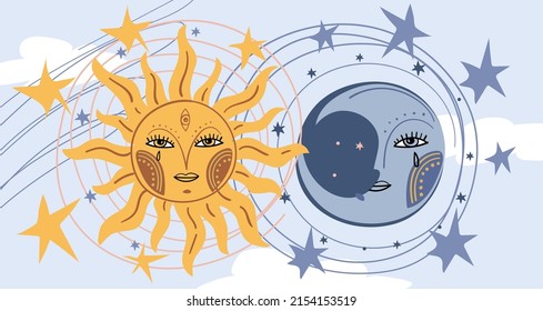 Daytime Blue Sky Background, Sun Face Symbol And Moon Face. Magic Banner For Astrology With Stars. Celestial Card For Zodiac, Tarot, Mystical Universe, Astrology. Esoteric Wallpaper Vector