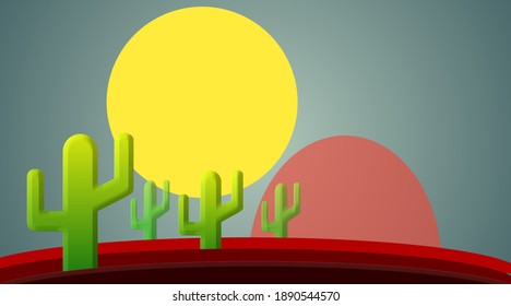 Daytime cartoon flat style Cactus plants desert landscape. Vector illustration