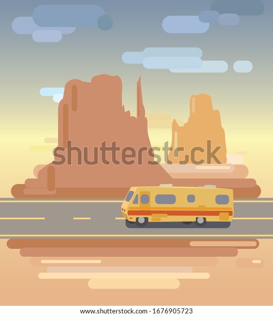 Daytime cartoon flat style desert\
landscape. Vector illustration. Grand Canyon landscape with\
mountains. USA travel\
illustration.