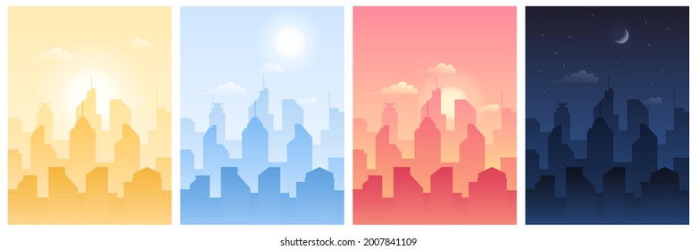 Daytime city landscape with change of time of day and night. Set of morning, day, evening and night urban cityscape town sky with architecture skyscraper silhouette vector illustration