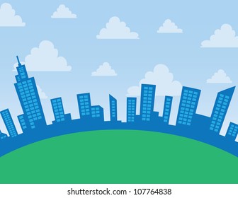 Daytime city skyline arc with clouds