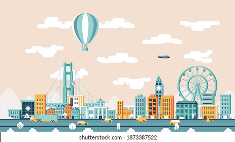 Daytime City vector illustration. Real estate cute town concept. Cars in the city with trees and buildings. Golden gate bridge and amusement park wheel.