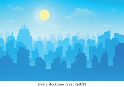 Daytime city view blue skyline metropolis silhouette with bright yellow sun urban landscape vector flat illustration. Downtown panorama skyscrapers architecture business district cityscape background