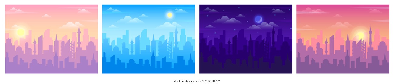 Daytime city view. Cityscape sunrise, noon and night time, skyline landscape in day and night, urban buildings silhouette vector background set. Urban skyline, architecture skyscraper illustration