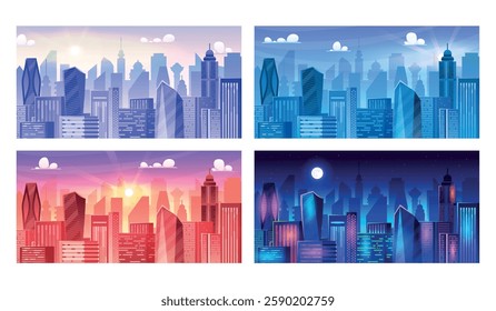 Daytime cityscape. City skyscraper buildings silhouette in different time, night day morning town afternoon neighborhood sunrise sunset urban background, swanky vector illustration original artwork