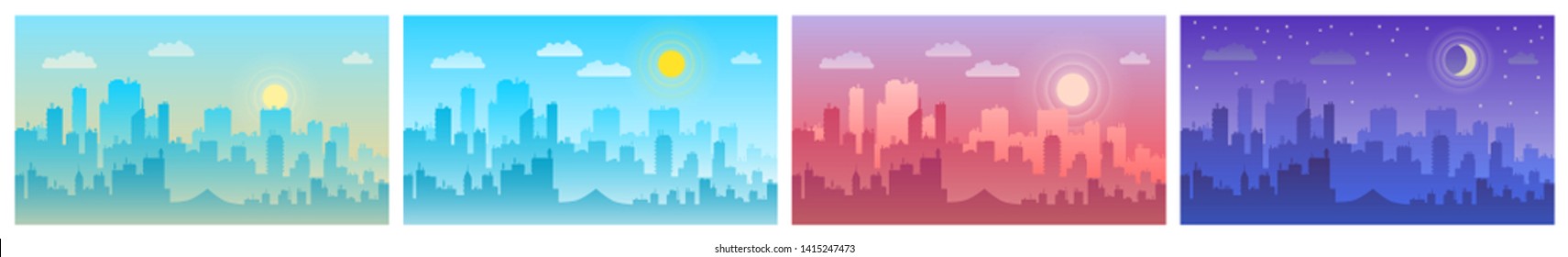 Daytime cityscape morning, day and night city skyline landscape, town buildings in different time and urban cityscape town sky. Architecture silhouette vector background collage set