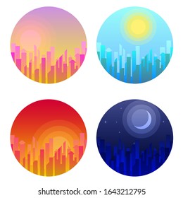 Daytime cityscape. Morning, day and night city skyline landscape. Bundle of urban landscapes at dawn or in evening with megalopolis exterior.