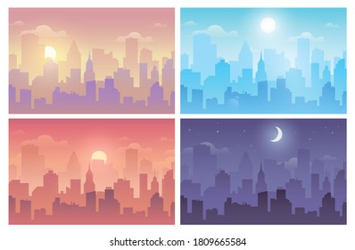 Daytime cityscape morning, day and night city skyline landscape, town buildings in different time and urban cityscape town sky. Architecture silhouette vector background collage set