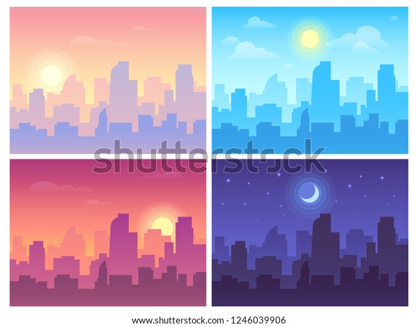 Daytime cityscape. Morning, day and night city\
skyline landscape, town buildings in different time and urban\
cityscape town sky. Architecture silhouette vector background\
collage set