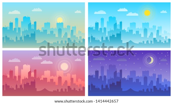 昼の町並みの朝 昼と夜の町の天窓 時代の違う町の建物 都市の町並みの町の空 建築のシルエットベクター画像背景コラージセット のベクター画像素材 ロイヤリティフリー