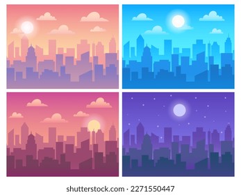 Daytime cityscape. Morning town, afternoon city, evening skyscrape and night urban background. Different time of day vector illustration set. Cityscape silhouette sunset and sunrise