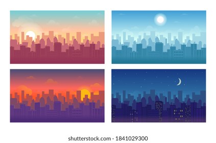 Daytime cityscape set. Morning sunrise, day, evening sunset and night city skyline landscape with town skyscraper building architecture silhouette vector illustration isolated on white background