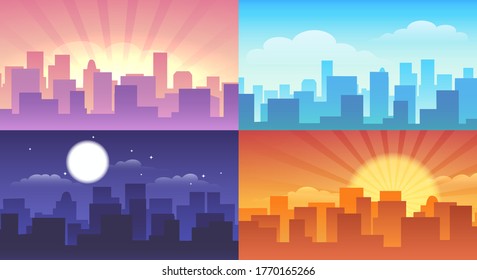 Daytime cityscape. Town buildings in different time, collage of urban landscape in morning and afternoon, evening and night, cards of flatly architecture silhouette on sky background