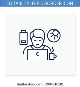 Daytime fatigue line icon. Narcolepsy. Sleep disorder. Healthy sleeping concept. Sleep problems treatment. Falling asleep in day time. Stress. Powerlessness. Isolated editable vector illustration