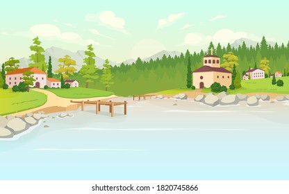 Daytime lake in village flat color vector illustration. Houses in rural land. Tuscany scenery. Forest near farmhouses. Suburb area. Countryside 2D cartoon landscape with nature on background