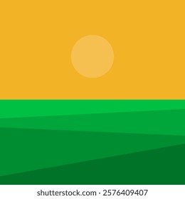 Daytime landscape with a green field and sultry sun in minimalist style. Vector illustration.