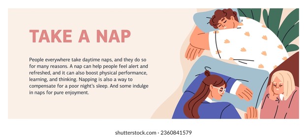 Daytime nap, banner background. Tired people asleep at work. Office relaxation time. Healthy dream, repose, relax for exhausted fatigue employees, overworked stressed workers. Flat vector illustration