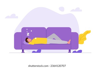 Daytime nap concept.  Man resting on sofa. Vector illustrations for banner, website, landing page, flyer.
