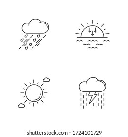 Iconos lineales perfectos para pronósticos diurnos y nocturnos. Ciencia de predicción meteorológica, símbolos de contorno delgado personalizable de meteorología. Ilustraciones aisladas del contorno vectorial. Trazo editable