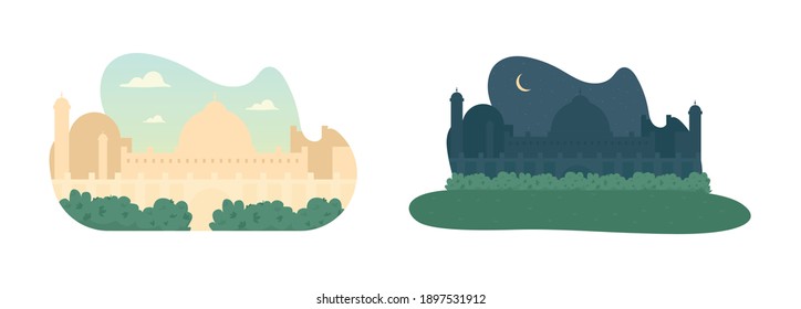 Daytime and nighttime mosque 2D vector web banner, poster set. Muslim minaret. Arabian flat cityscape on cartoon background. Oriental culture printable patch, colorful web element collection