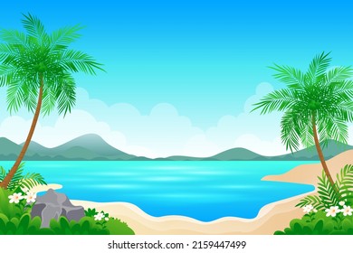 Día del océano o paisaje de la playa. Ilustración de dibujos animados