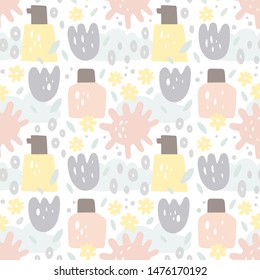 Daytime skin care, sun protection vector hand drawn seamless pattern. Decorative flowers, sun and clouds, cosmetics packaging. Illustration in scandinavian style. Background, textile print.