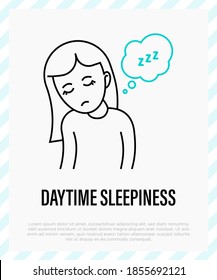 Daytime sleepiness, insomnia. Tired girl wants to sleep. Thin line icon. Vector illustration.