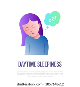 Daytime sleepiness, insomnia. Tired girl wants to sleep. Flat gradient icon. Vector illustration.