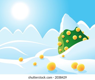 Paisaje de nieve diurna con árboles y bolas amarillas en primer plano.