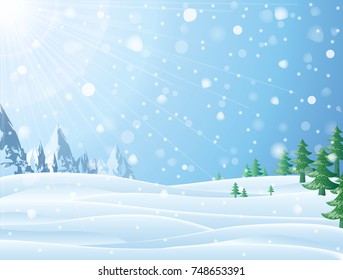 Daytime snowy scene with ridge and christmas trees. Snowfall against winter landscape of mountains and pines