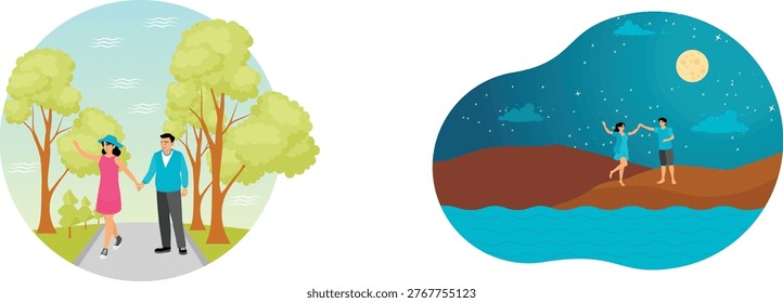 Daytime stroll and nighttime beach celebration under the moonlight