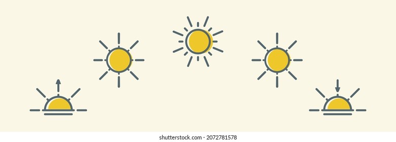 Daytime symbol. Day cycle line icon. Sun position Changing. Movement path sun. Clock with the time of day. Natural phenomenon. Sunshine Sunrise Sunset. Vector illustration