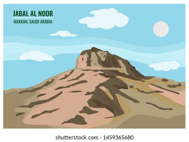 Daytime version of Jabal Al Noor or Mountain of Light in Makkah Saudi Arabia Vector artwork. Editable Clip Art. 