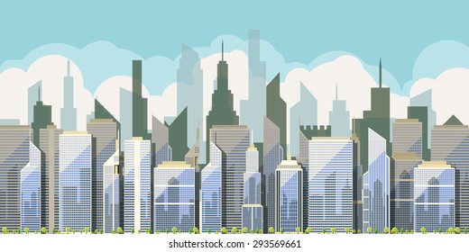 Daytime view of the city with skyscrapers in vector