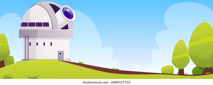 Tagesansicht eines Observatoriums mit Kuppel, Teleskop, grünen Bäumen, Straße und blauem Himmel. Weltraumbeobachtung und -erkundung. Forschungszentrum. Vektorgrafik. Flacher Stil.