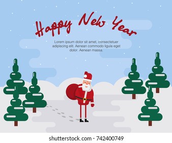 Daytime winter landscape. Santa Claus goes through the forest, leaves traces on the snow, carries gifts. Snowing. There are Christmas trees in the snow. Flat style