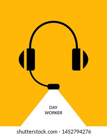 Daytime worker. Flat linear design. Monaural stereo headphones with headset. Headphones with a microphone. Background - Vector.
