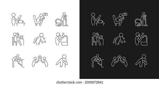 Day-to-day routine linear icons set for dark and light mode. Activities of daily living. Ordinal human life. Customizable thin line symbols. Isolated vector outline illustrations. Editable stroke