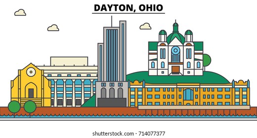 Dayton, Ohio. City skyline: architecture, buildings, streets, silhouette, landscape, panorama, landmarks. Editable strokes. Flat design line vector illustration concept. Isolated icons