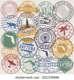 Daytona Beach, FL, USA Set of Stamps. Travel Stamp. Made In Product. Design Seals Old Style Insignia.