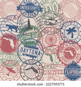 Daytona Beach, FL, USA Set of Stamps. Sello de viaje. Fabricado En Producto. El Diseño Marca La Insignia De Estilo Antiguo.