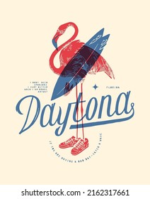 Daytona beach flamingo surfing vintage typography silkscreen t-shirt print vector illustration.
