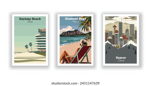 Daytona Beach, Florida, Denver, Colorado, Diamond Head, Hawaii - Vintage travel poster. Vector illustration. High quality prints